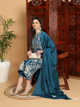 Women Teal Silk Blend Embroidered Straight Kurta Pant Set With Dupatta-PKSKD2216